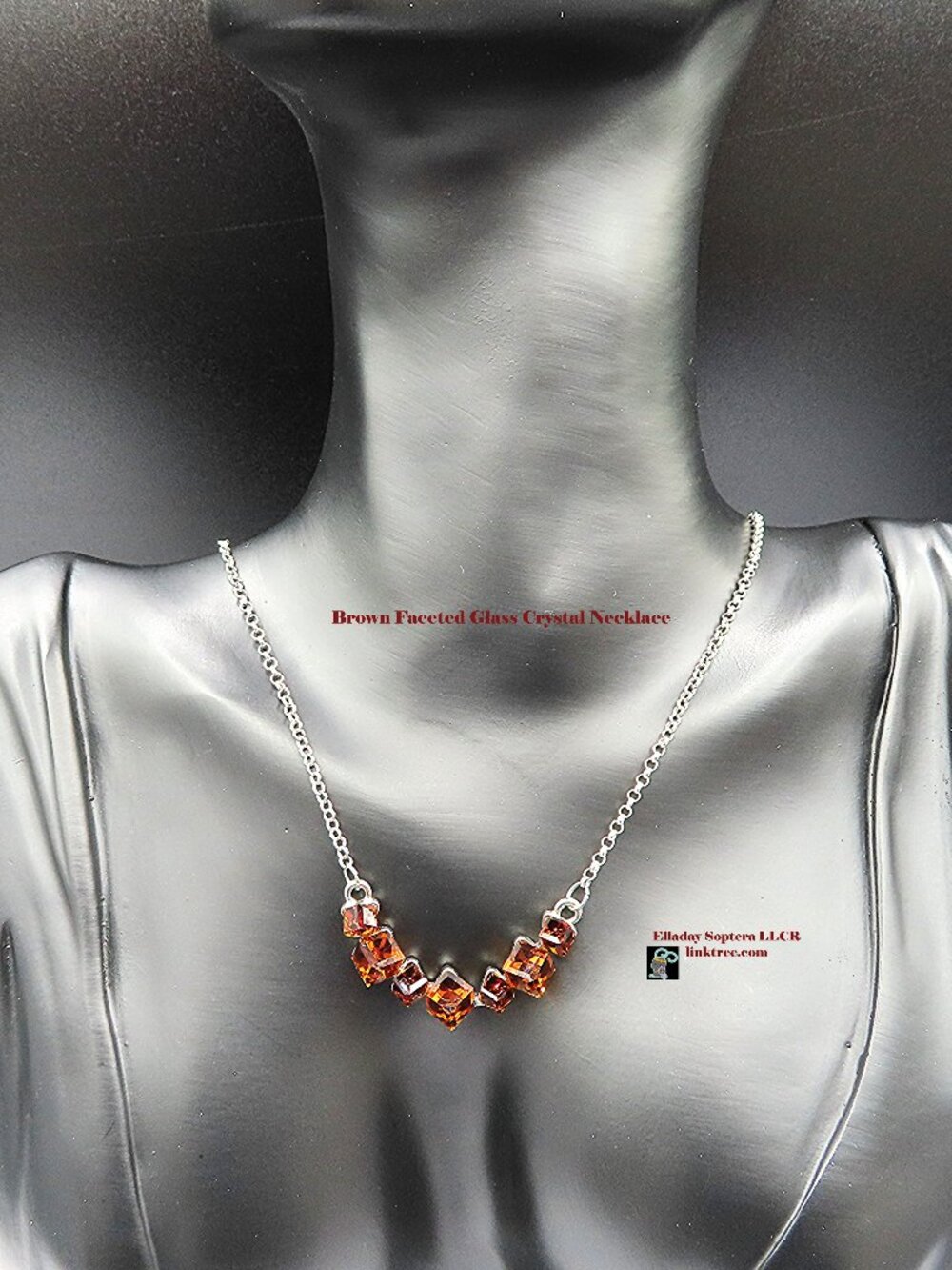 Brown Faceted Glass Crystal Silver Tone Necklace